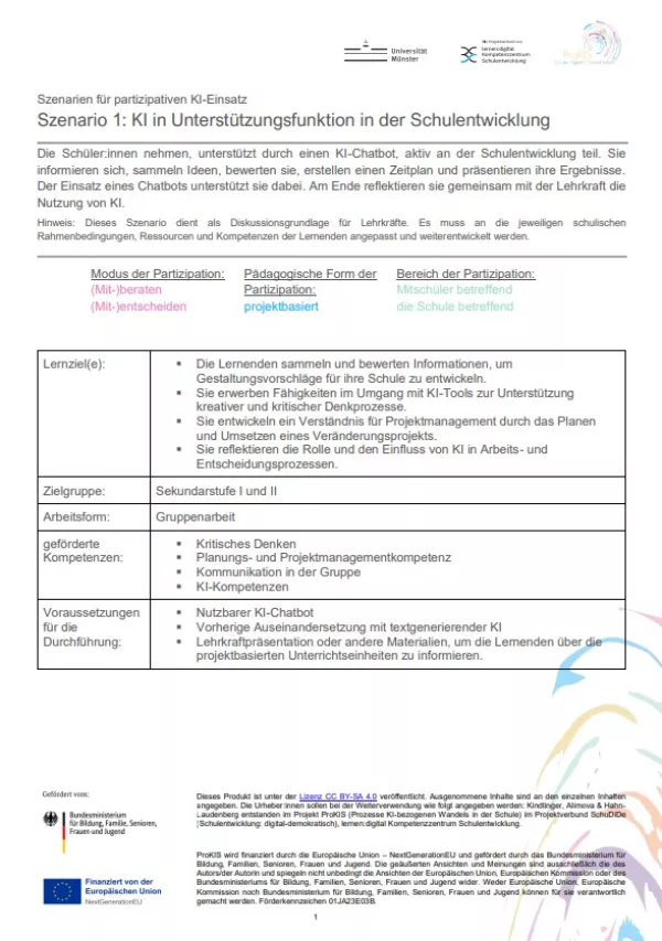 Unterrichtsplanung: Szenario 1: KI in Unterstützungsfunktion in der Schulentwicklung