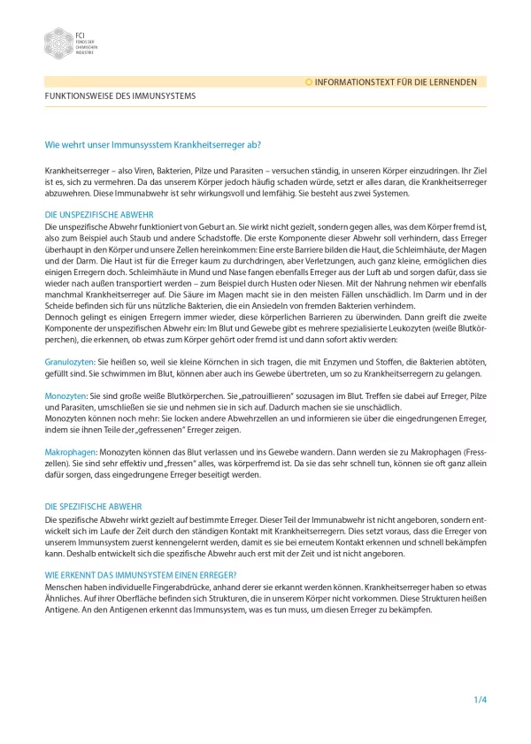 Unterrichtsbaustein: Impfungen: Kleiner Piks - große Wirkung: Immunsystem - Schülerversion