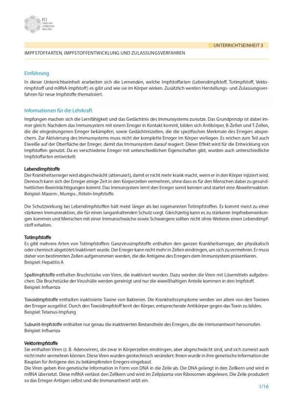 Unterrichtsplanung: Impfungen: Kleiner Piks - große Wirkung: Impfstoffe - Didaktische Hinweise