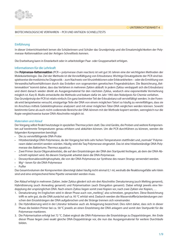 Unterrichtsplanung: Impfungen: Kleiner Piks - große Wirkung: PCR und Schnelltest - Didaktische Hinweise