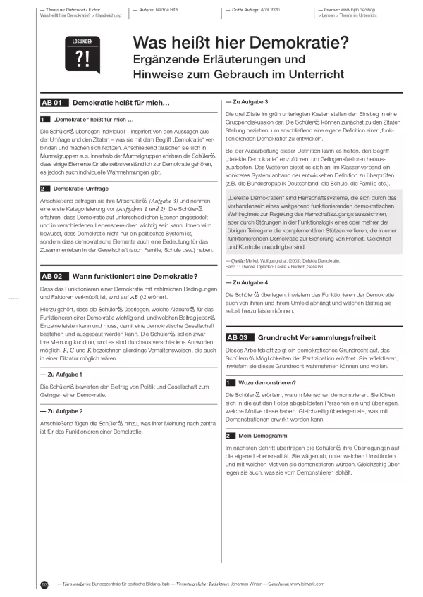 Arbeitsblatt: Was heißt hier Demokratie? Ergänzende Erläuterungen und Hinweise zum Gebrauch im Unterricht