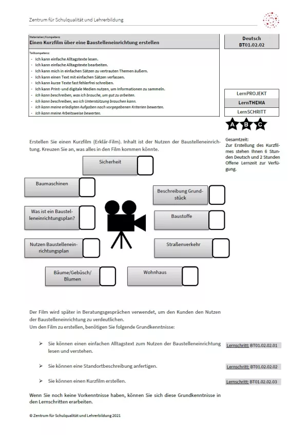 Arbeitsblatt: Einen Kurzfilm über Baustelleneinrichtung erstellen (PDF)