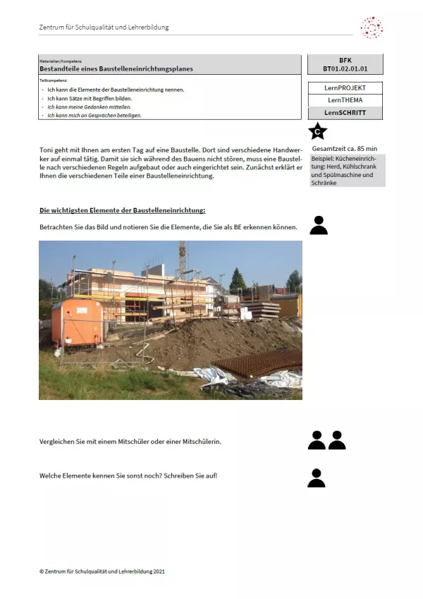 Arbeitsblatt: Bestandteile eines Baustelleneinrichtungsplanes (Niveau C | PDF)