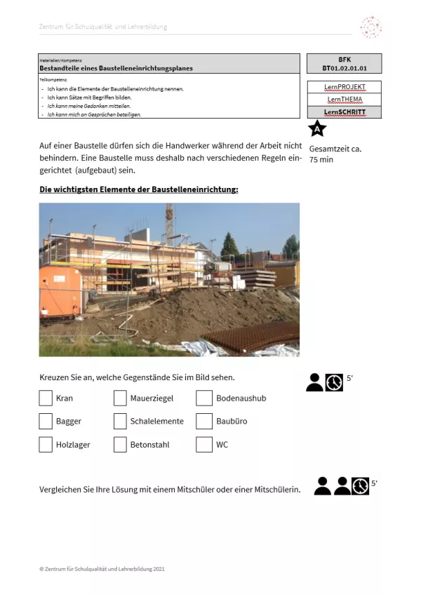 Arbeitsblatt: Bestandteile eines Baustelleneinrichtungsplanes (Niveau A | DOCX)
