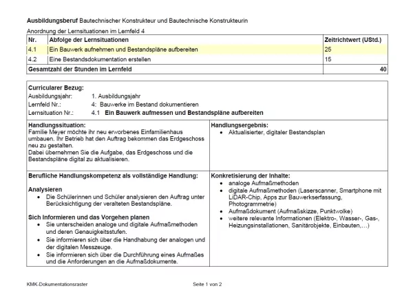 Unterrichtsplanung: 1. Lernsituation zu LF 4: Ein Bauwerk aufnehmen und Bestandspläne aufbereiten (neuer Rahmenlehrplan, gültig ab 2026)