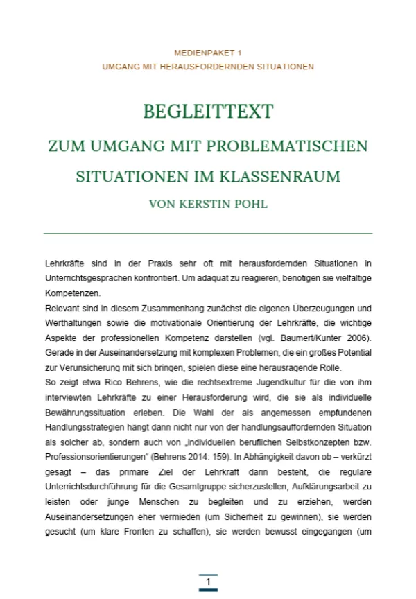 Text: Medienpaket 1 | Umgang mit herausfordernden Situationen | Wissenschaftlicher Begleittext