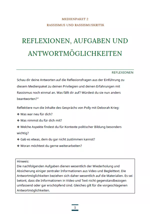 Arbeitsblatt: Medienpaket 2 | Rassismus und Rassismuskritik | Reflexionen und Aufgaben