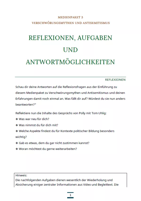 Arbeitsblatt: Medienpaket 3 | Verschwörungsmythen und Antisemitismus | Reflexionen und Aufgaben
