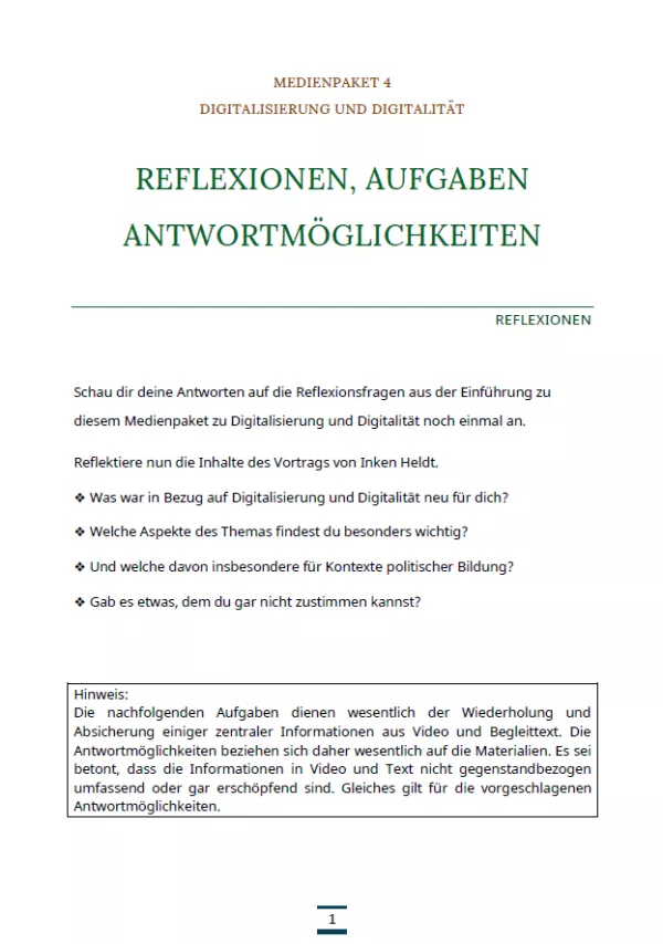 Arbeitsblatt: Medienpaket 4 | Digitalisierung und Digitalität | Reflexionen und Aufgaben