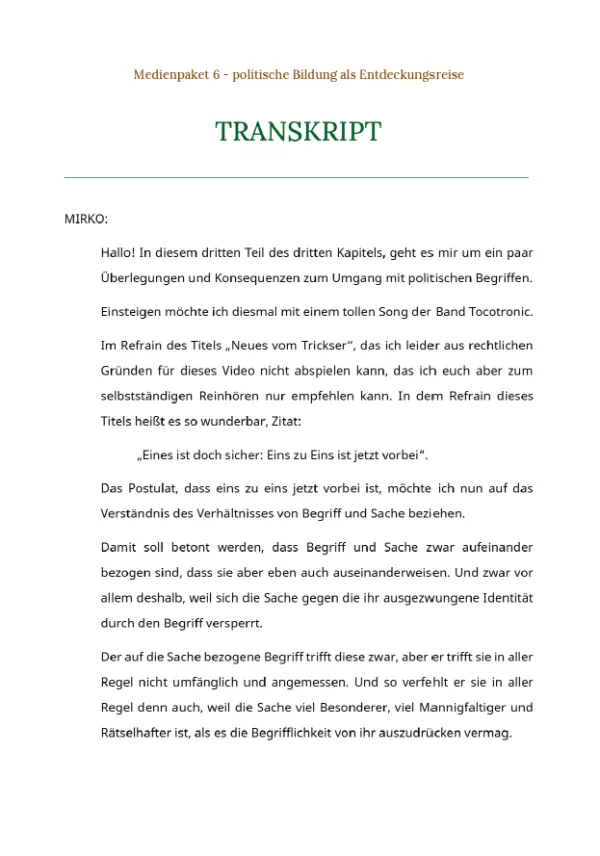 Text: Medienpaket 6 | Politische Bildung als Entdeckungsreise | Kapitel 3 - Transkript zumVideo 3