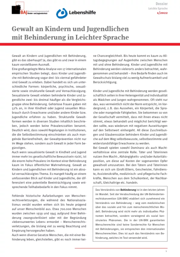 Handreichung: Gewalt an Kindern und Jugendlichen mit Behinderung in Leichter Sprache | Dossier