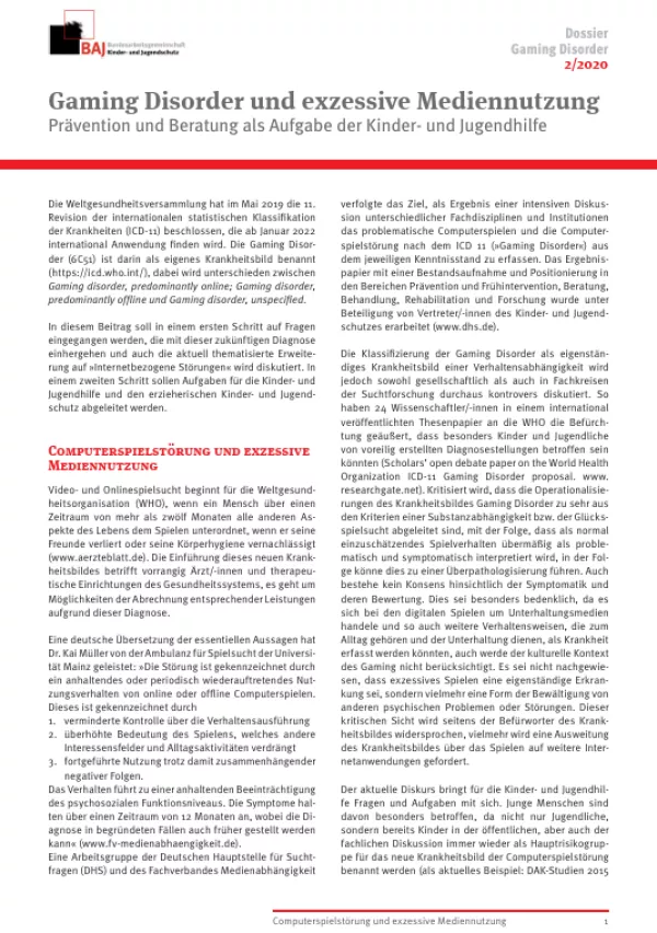 Handreichung: Gaming Disorder und exzessive Mediennutzung. Prävention und Beratung als Aufgabe der Kinder- und Jugendhilfe | Dossier
