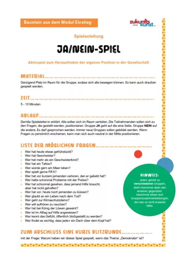 Unterrichtsbaustein: Zukunftskunst | Modul 1 | Ja/Nein Spiel - Spielanleitung