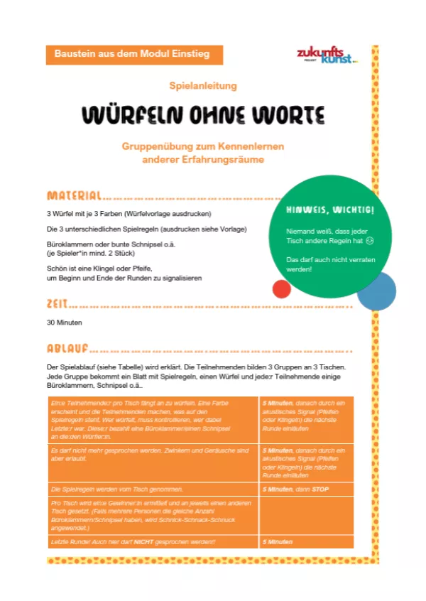 Unterrichtsbaustein: Zukunftskunst | Modul 1 | Würfeln ohne Worte - Spielanleitung