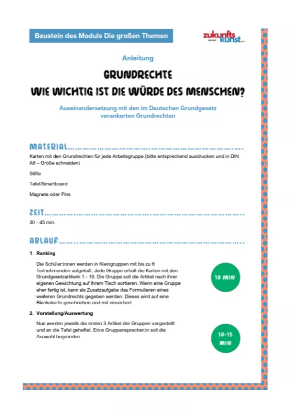 Unterrichtsbaustein: Zukunftskunst | Modul 3 | Rank your Grundrechte - Anleitung