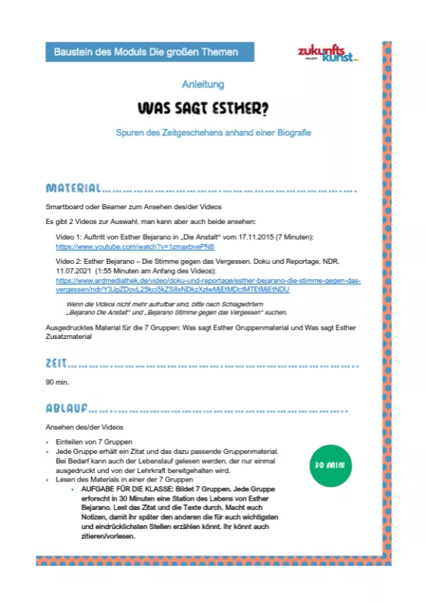 Unterrichtsbaustein: Zukunftskunst | Modul 3 | Was sagt Esther - Anleitung