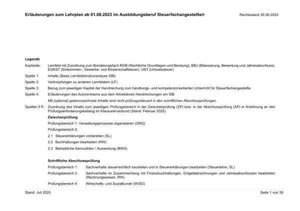 Unterrichtsplanung: Erläuterung zum Lehrplan für Steuerfachangestellte (Stand: Juni 2025)