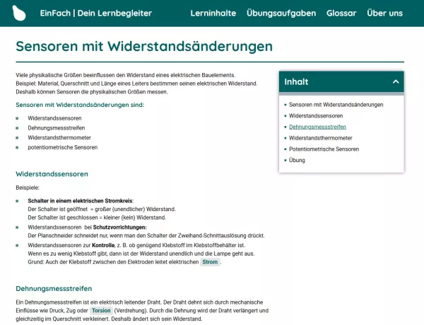Webseite: Sensoren mit Widerstandsänderungen