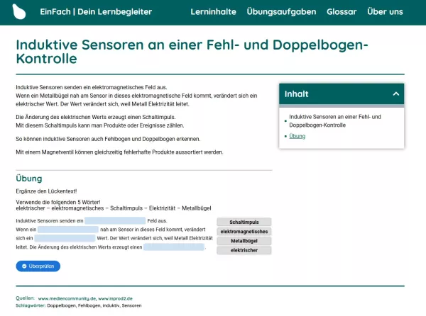 Webseite: Induktive Sensoren an einer Fehl- und Doppelbogen-Kontrolle