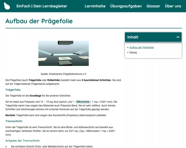 Webseite: Aufbau der Prägefolie