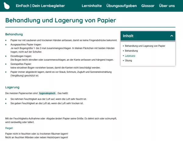 Webseite: Behandlung und Lagerung von Papier