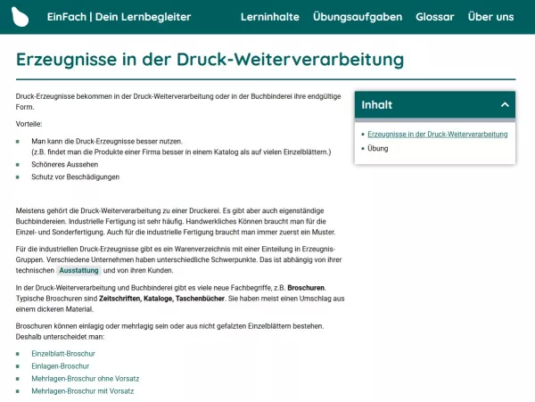 Webseite: Erzeugnisse in der Druck-Weiterverarbeitung
