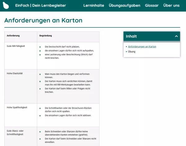 Webseite: Anforderungen an Karton