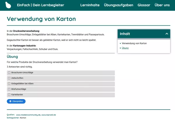 Webseite: Verwendung von Karton