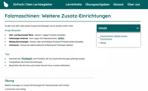 Webseite: Falzmaschinen: Weitere Zusatz-Einrichtungen