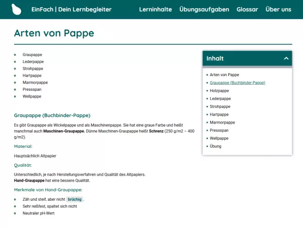Webseite: Arten von Pappe