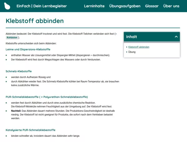 Webseite: Klebstoff abbinden