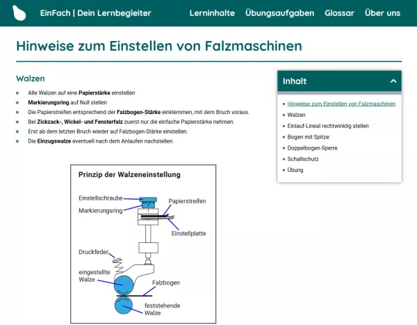 Webseite: Hinweise zum Einstellen von Falzmaschinen