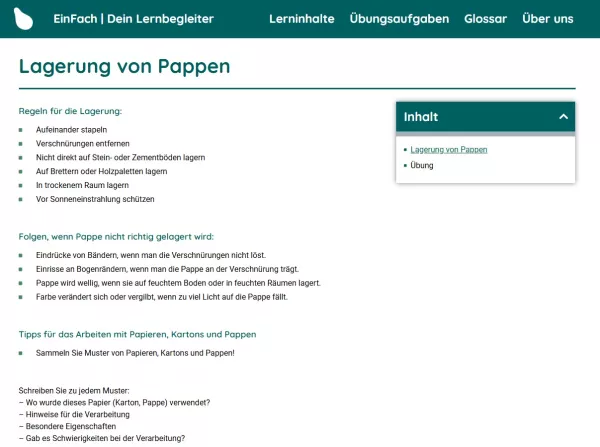 Webseite: Lagerung von Pappen