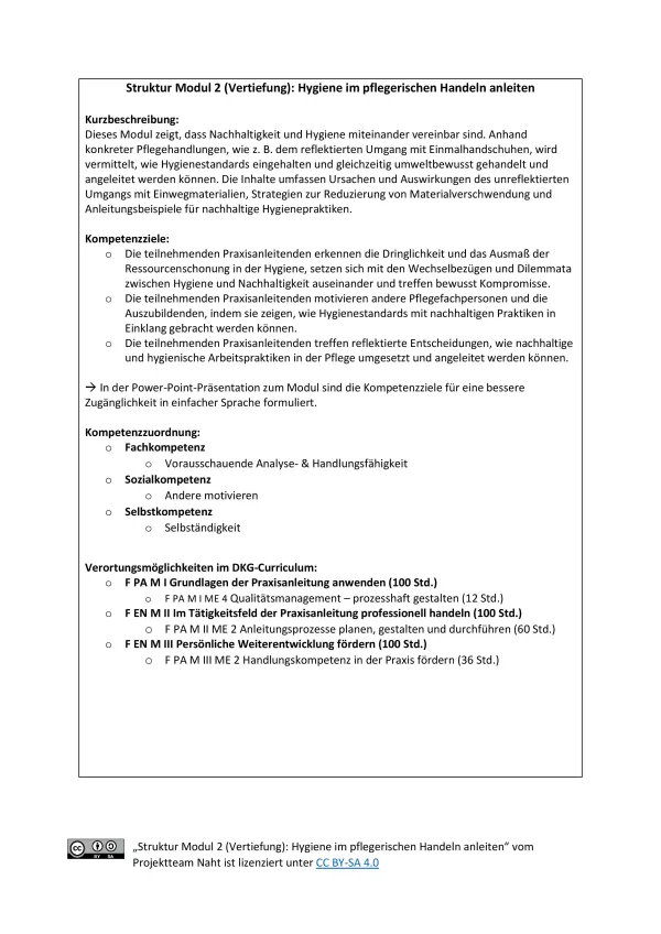 Handreichung: Struktur Modul 2 (Vertiefung): Hygiene im pflegerischen Handeln anleiten