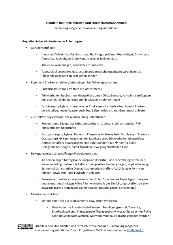 Merkblatt: Handeln bei Hitze anleiten und Hitzeschutzmaßnahmen - Sammlung möglicher Praxisanleitungssituationen