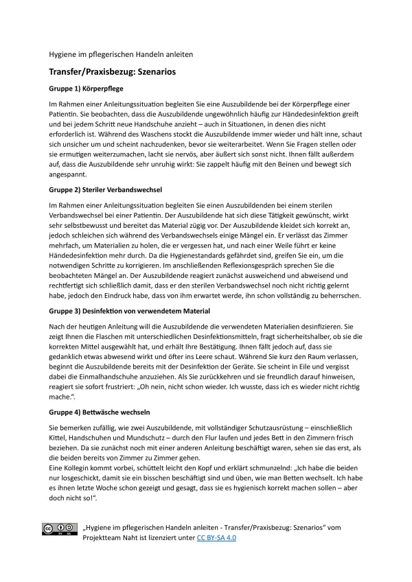Text: Hygiene im pflegerischen Handeln anleiten - Transfer/Praxisbezug: Szenarios