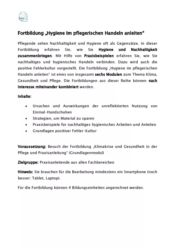 Text: Fortbildung „Hygiene im pflegerischen Handeln anleiten“