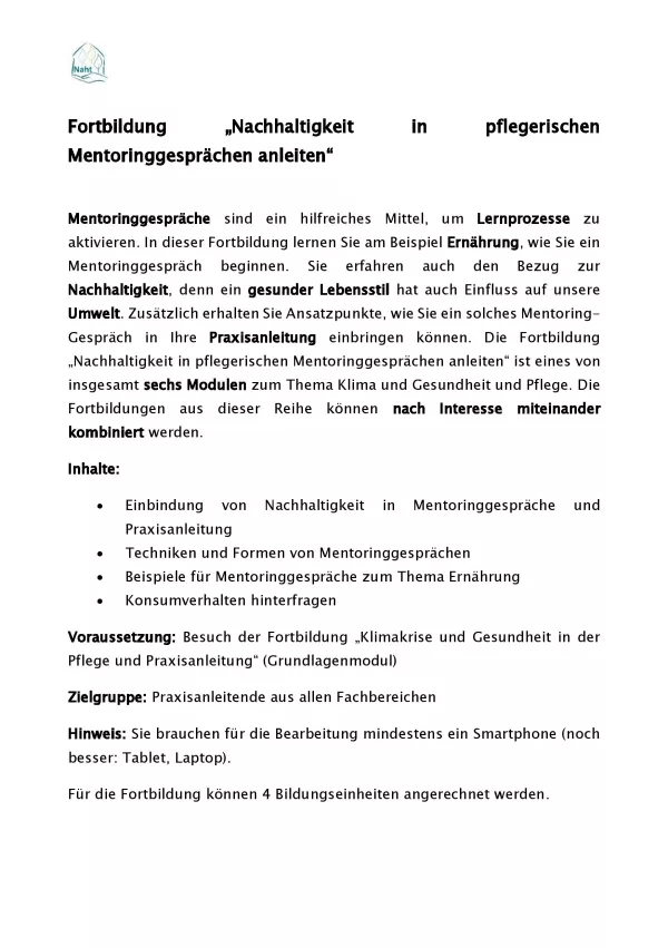Text: Fortbildung „Nachhaltigkeit in pflegerischen Mentoringgesprächen anleiten“