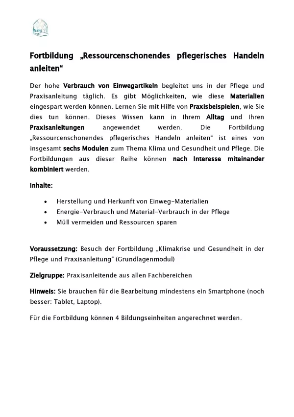 Text: Fortbildung „Ressourcenschonendes pflegerisches Handeln anleiten“