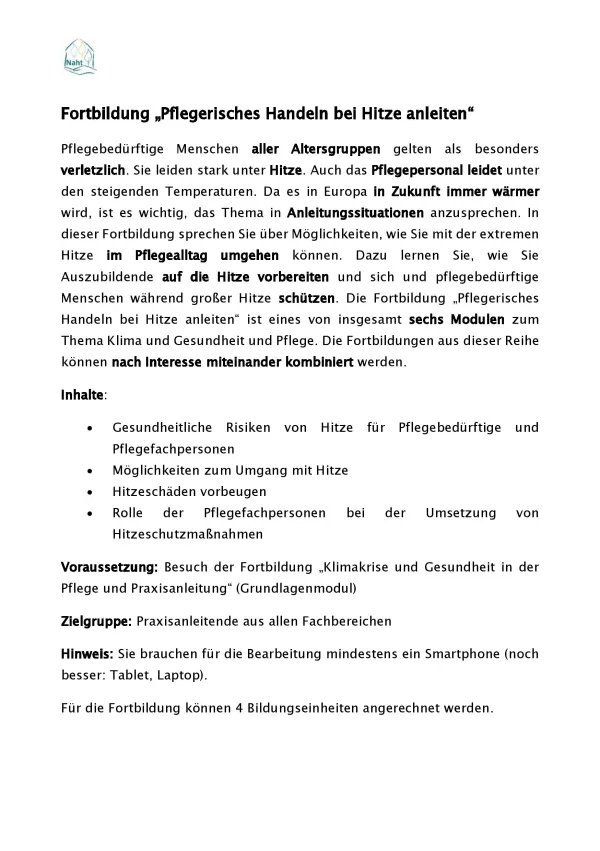 Text: Fortbildung „Pflegerisches Handeln bei Hitze anleiten“