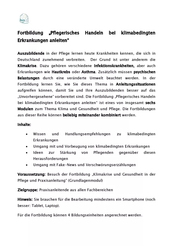 Text: Fortbildung „Pflegerisches Handeln bei klimabedingten Erkrankungen anleiten“