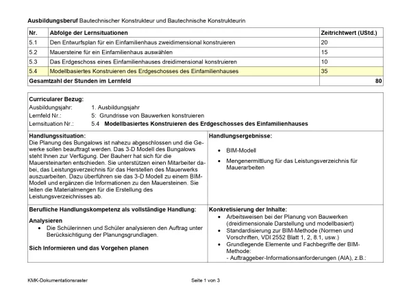 Unterrichtsplanung: 4. Lernsituation zu LF 5: Modellbasiertes Konstruieren des Erdgeschosses des Einfamilienhauses (neuer Rahmenlehrplan, gültig ab 2026)
