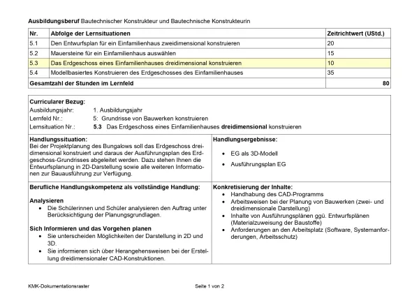 Unterrichtsplanung: 3. Lernsituation zu LF 5: Das Erdgeschoss eines Einfamilienhauses dreidimensional konstruieren (neuer Rahmenlehrplan, gültig ab 2026)