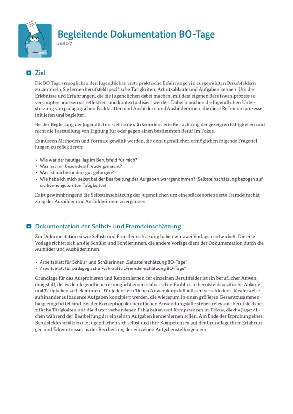 Unterrichtsplanung: Begleitende Reflexion und Dokumentation der BO-Tage