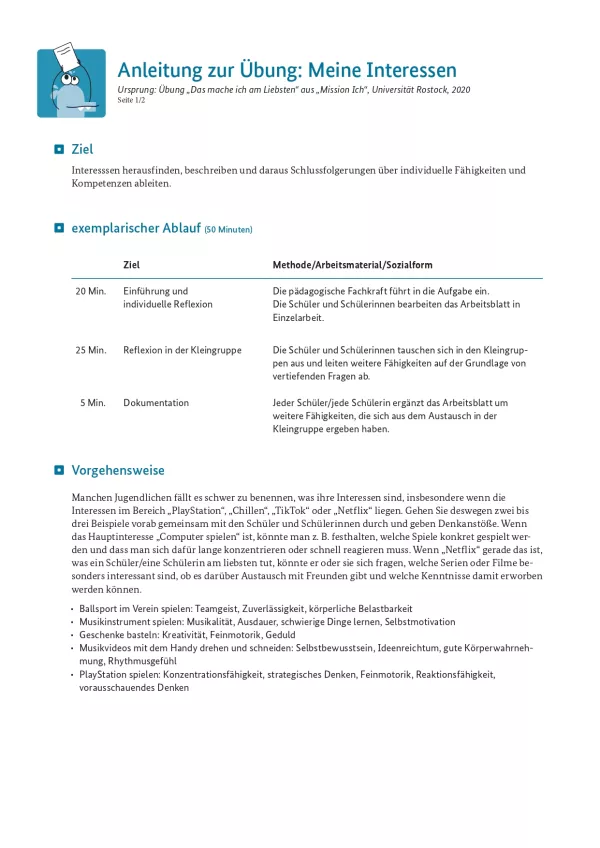 Unterrichtsplanung: Meine Interessen: Anleitung zur Übung