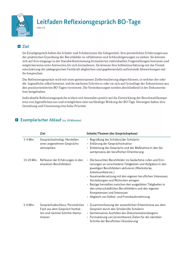 Unterrichtsplanung: Leitfaden Reflexionsgespräch BO-Tage