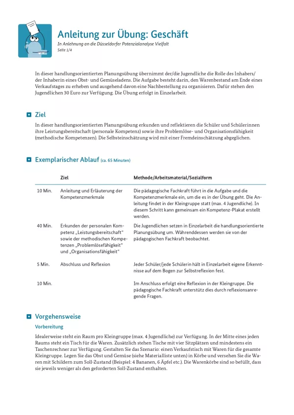 Unterrichtsplanung: Geschäft: Anleitung zur Übung