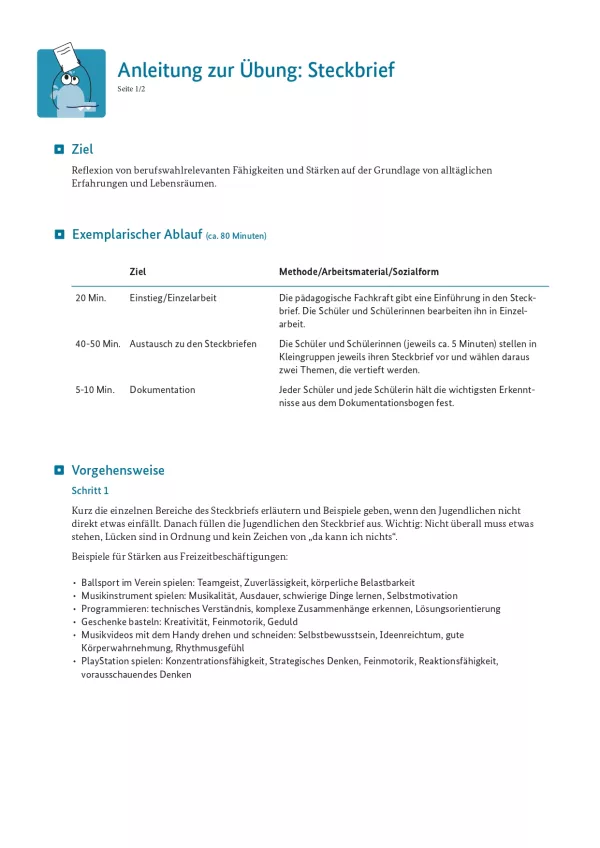 Unterrichtsplanung: Steckbrief: Anleitung zur Übung