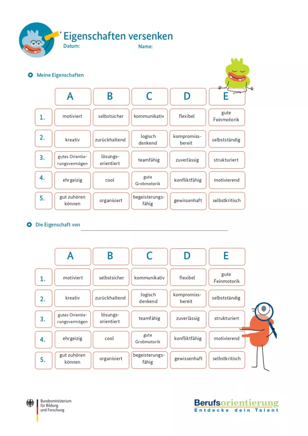 Arbeitsblatt: Eigenschaften versenken: Arbeitsblatt