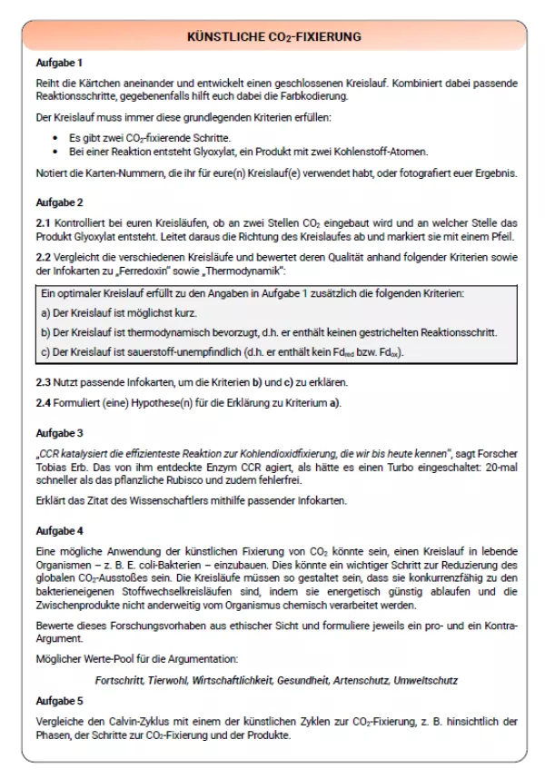 Arbeitsblatt: Künstliche Fotosynthese - Arbeitsblatt
